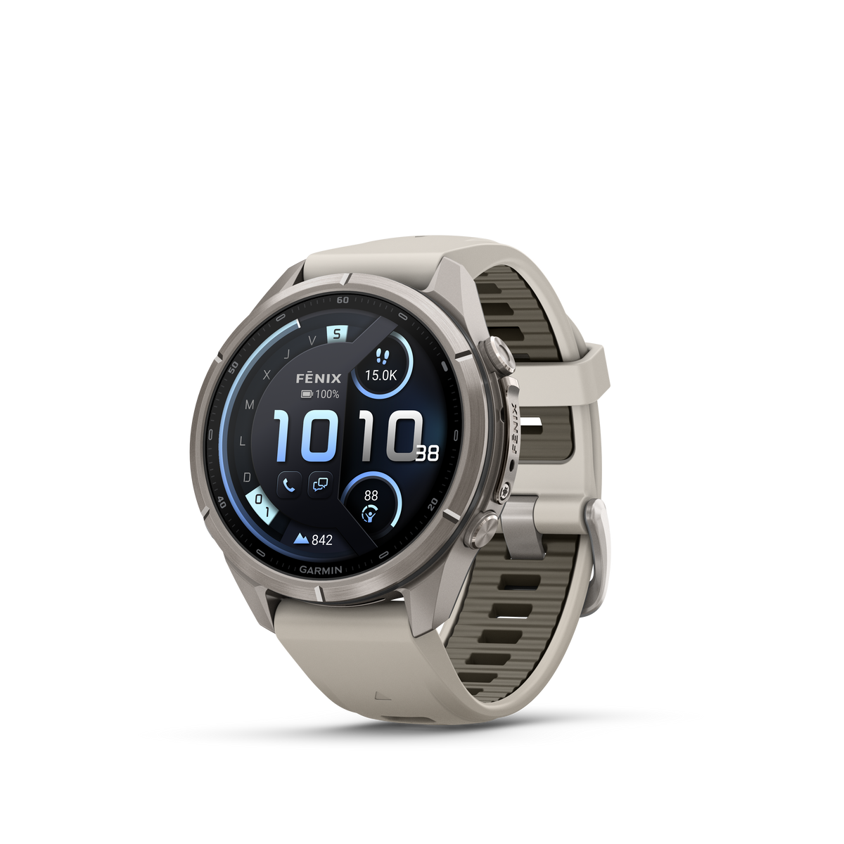 Fēnix® 9 Pro-43mm Titanio con correa de silicona en gris niebla/marrón oscuro