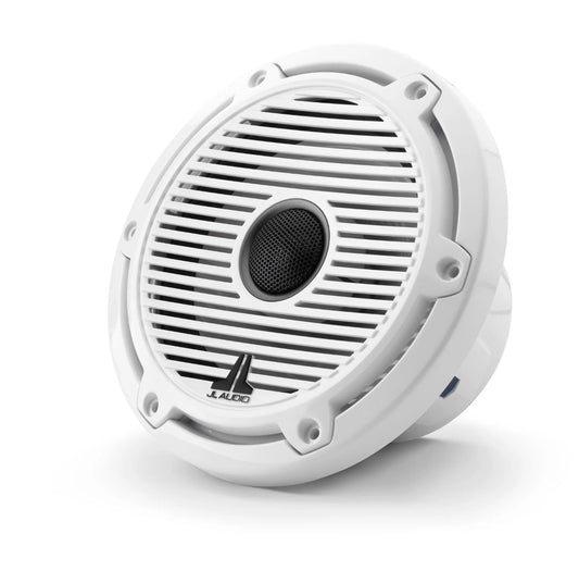 JL Audio M6-650X-C-GwGw Altavoces coaxiales marinos de 6,5 pulgadas (165 mm), anillo de ajuste blanco brillante, rejilla clásica blanca brillante, malla de tweeter negra