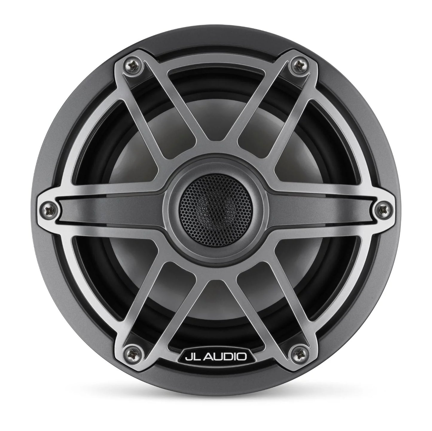 JL Audio M6-650X-S-GmTi Altavoces coaxiales marinos de 6,5 pulgadas (165 mm), aro de ajuste metálico gris, rejilla deportiva de titanio