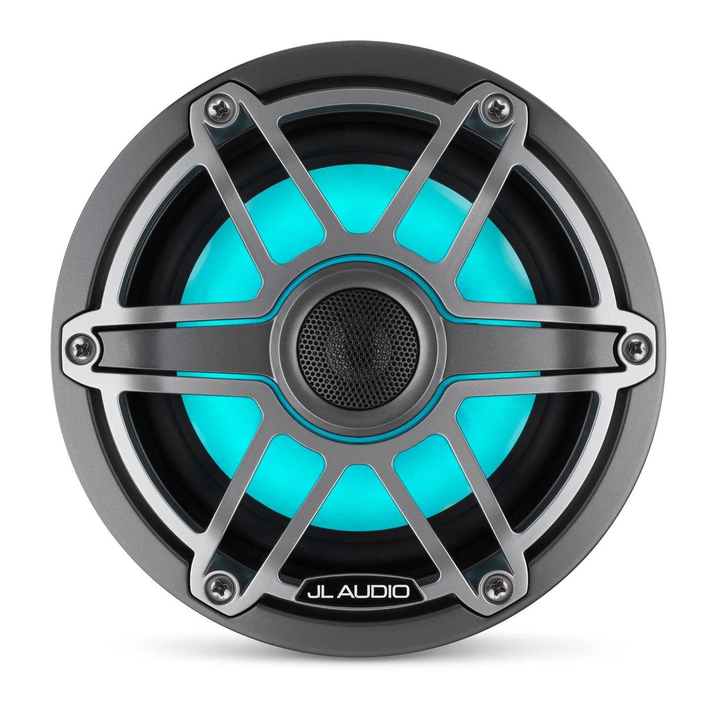 JL Audio M6-650X-S-GmTi-i Altavoces coaxiales marinos de 6,5 pulgadas (165 mm) con iluminación LED Transflective™, anillo de moldura metálico gris, rejilla deportiva de titanio