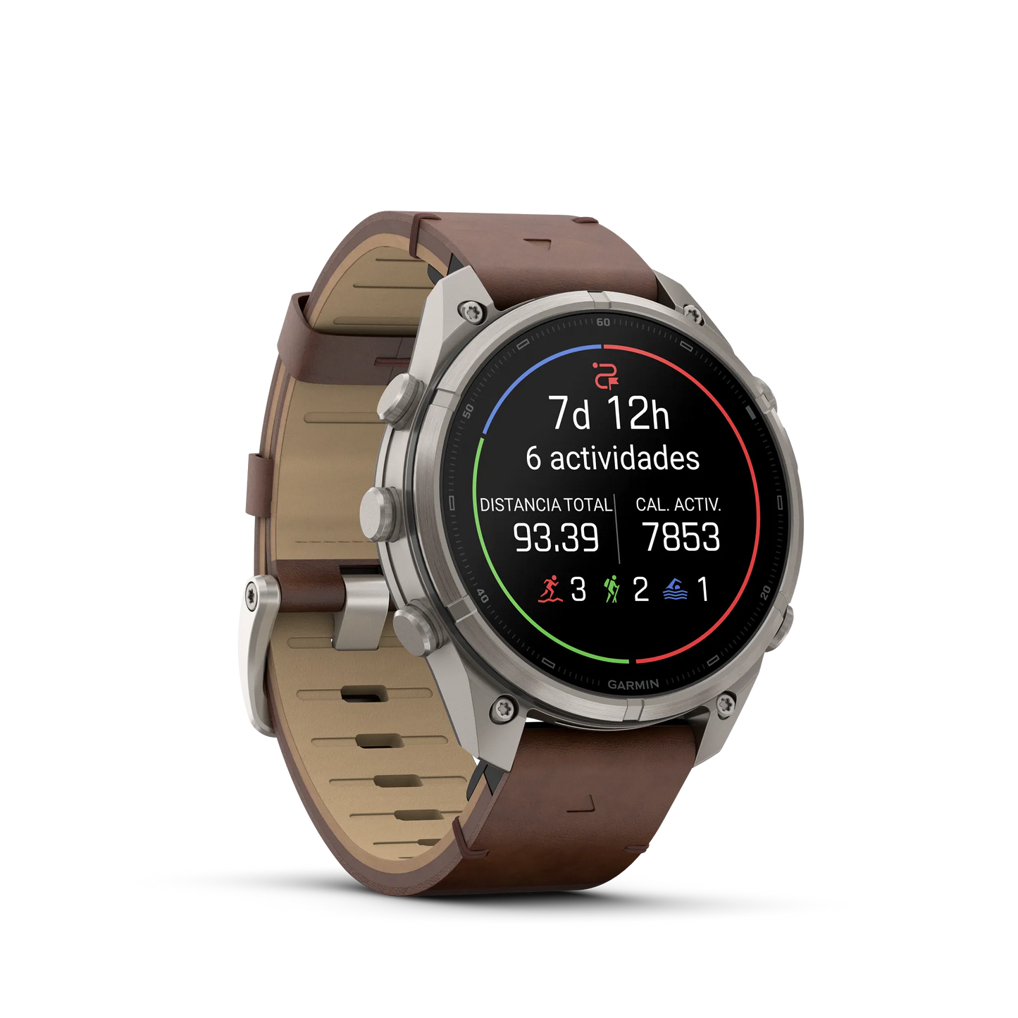 Fēnix® 9 Pro – inReach®, 47mm Titanio con correa de cuero en nogal.