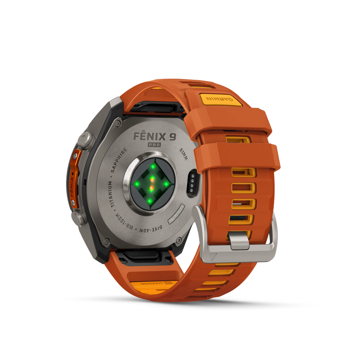 Fēnix® 9 Pro– 51mm Color - Titanio con correa de silicona en naranja otoñal/naranja vivo