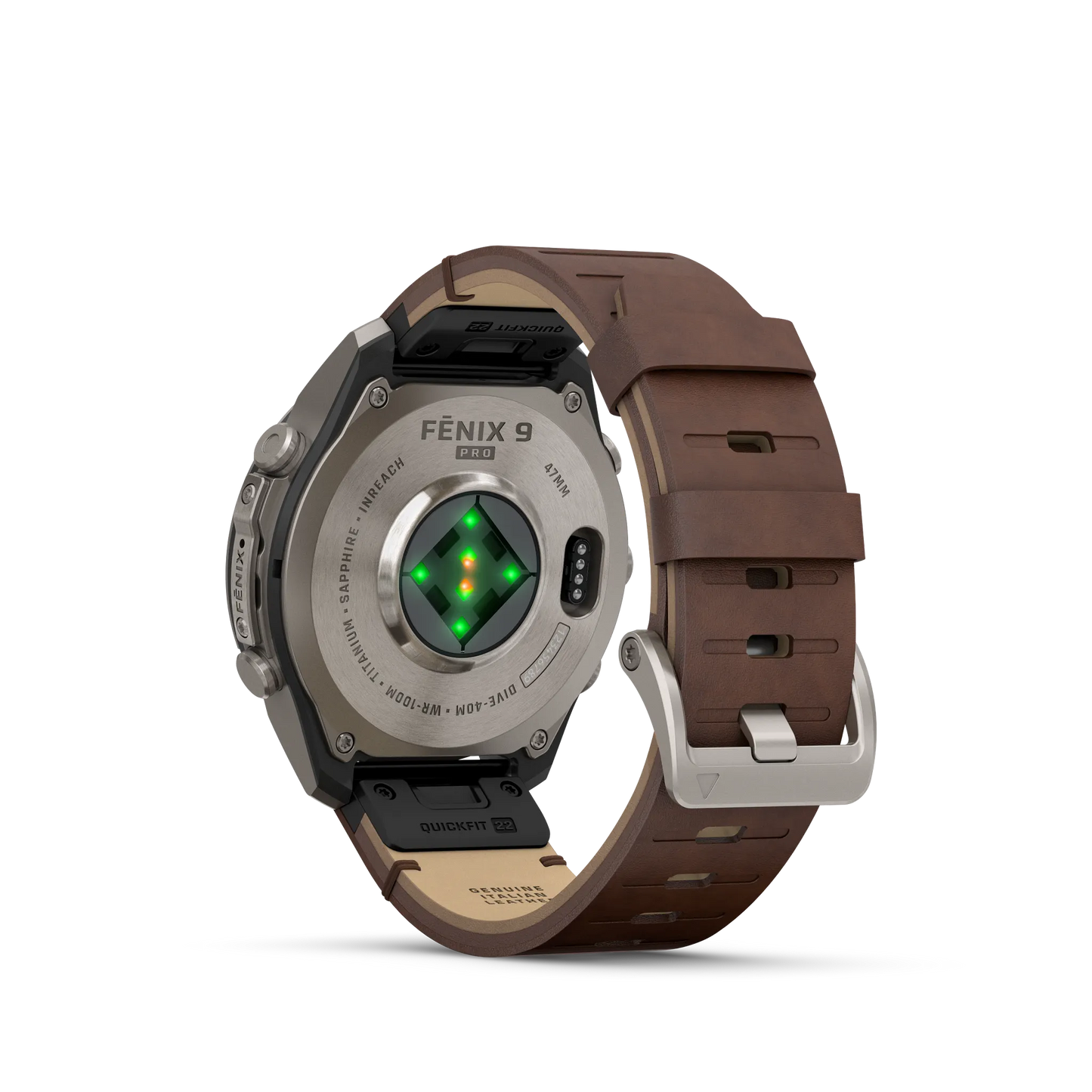 Fēnix® 9 Pro – inReach®, 47mm Titanio con correa de cuero en nogal.