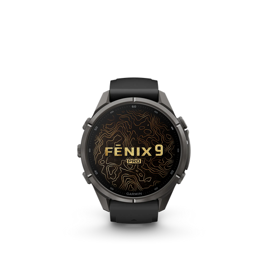 Fēnix® 9 Pro– 43mm Color - Titanio con revestimiento de DLC gris carbón con correa de silicona en negro/gris