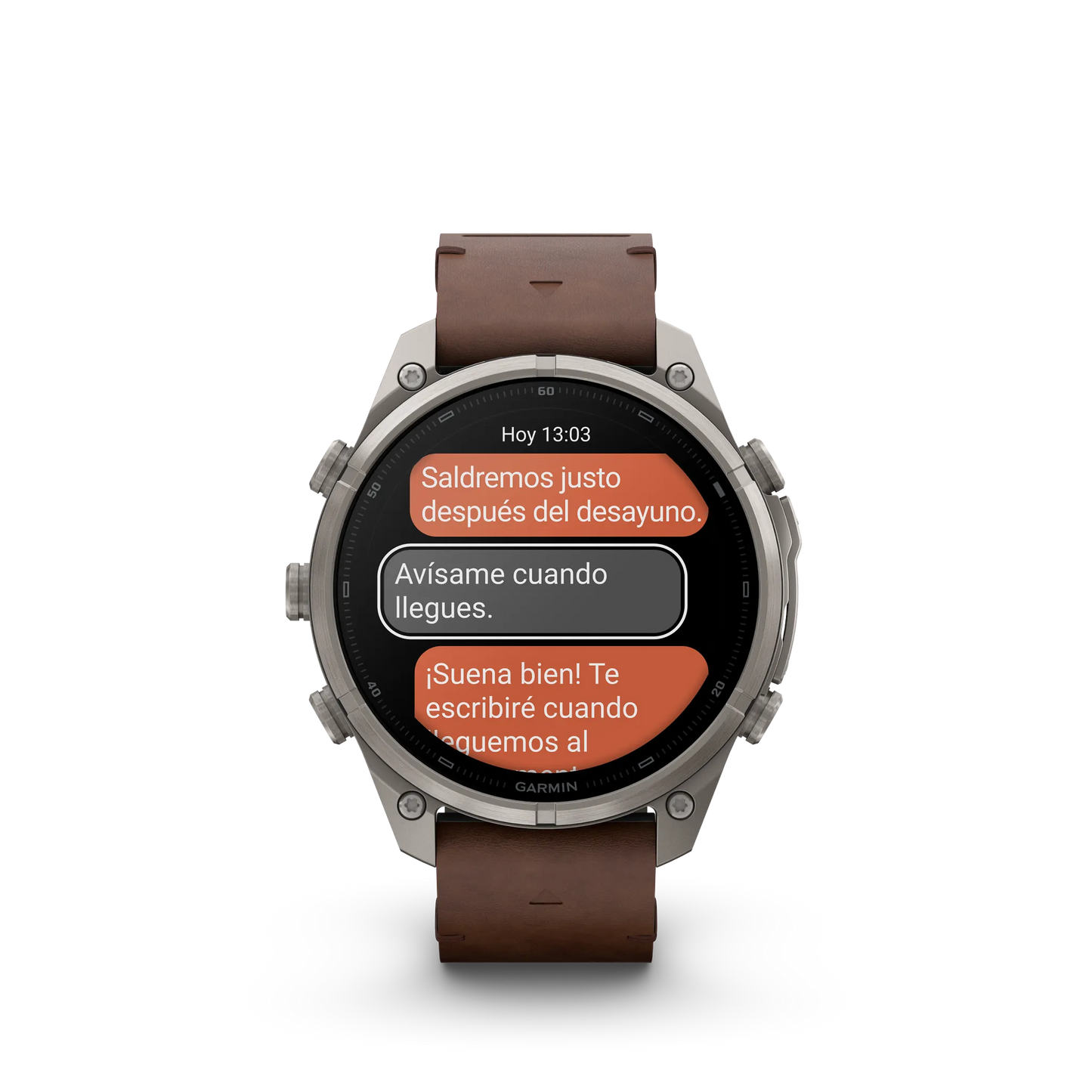 Fēnix® 9 Pro – inReach®, 47mm Titanio con correa de cuero en nogal.
