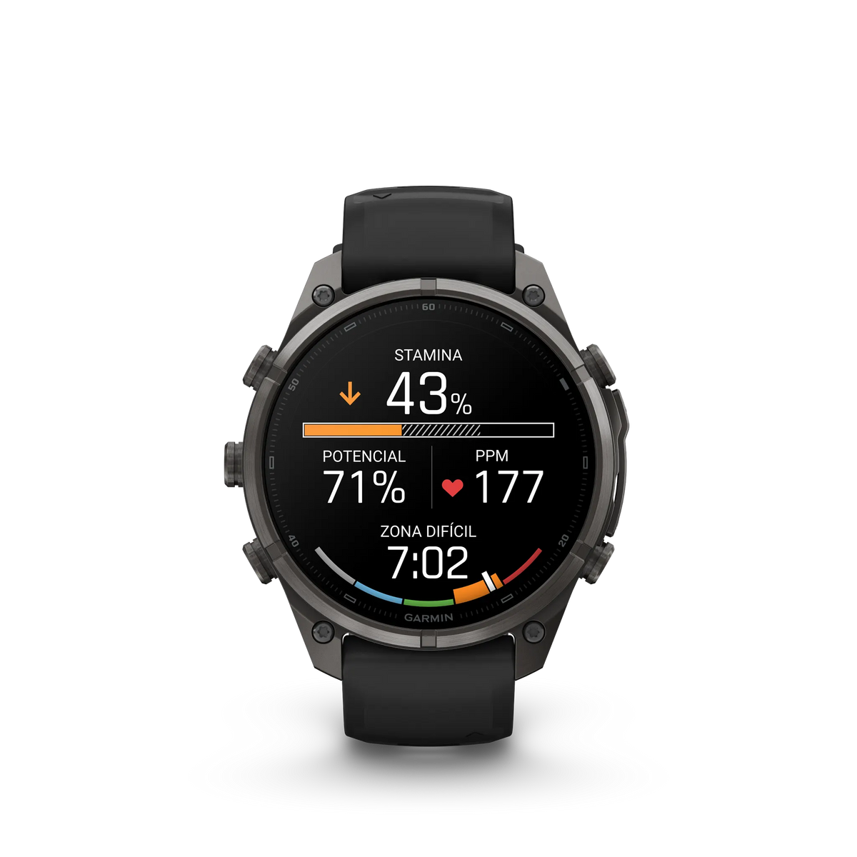 Fēnix® 9 Pro – inReach®, 47mm Titanio con revestimiento de DLC gris carbón con correa de silicona en negro/gris