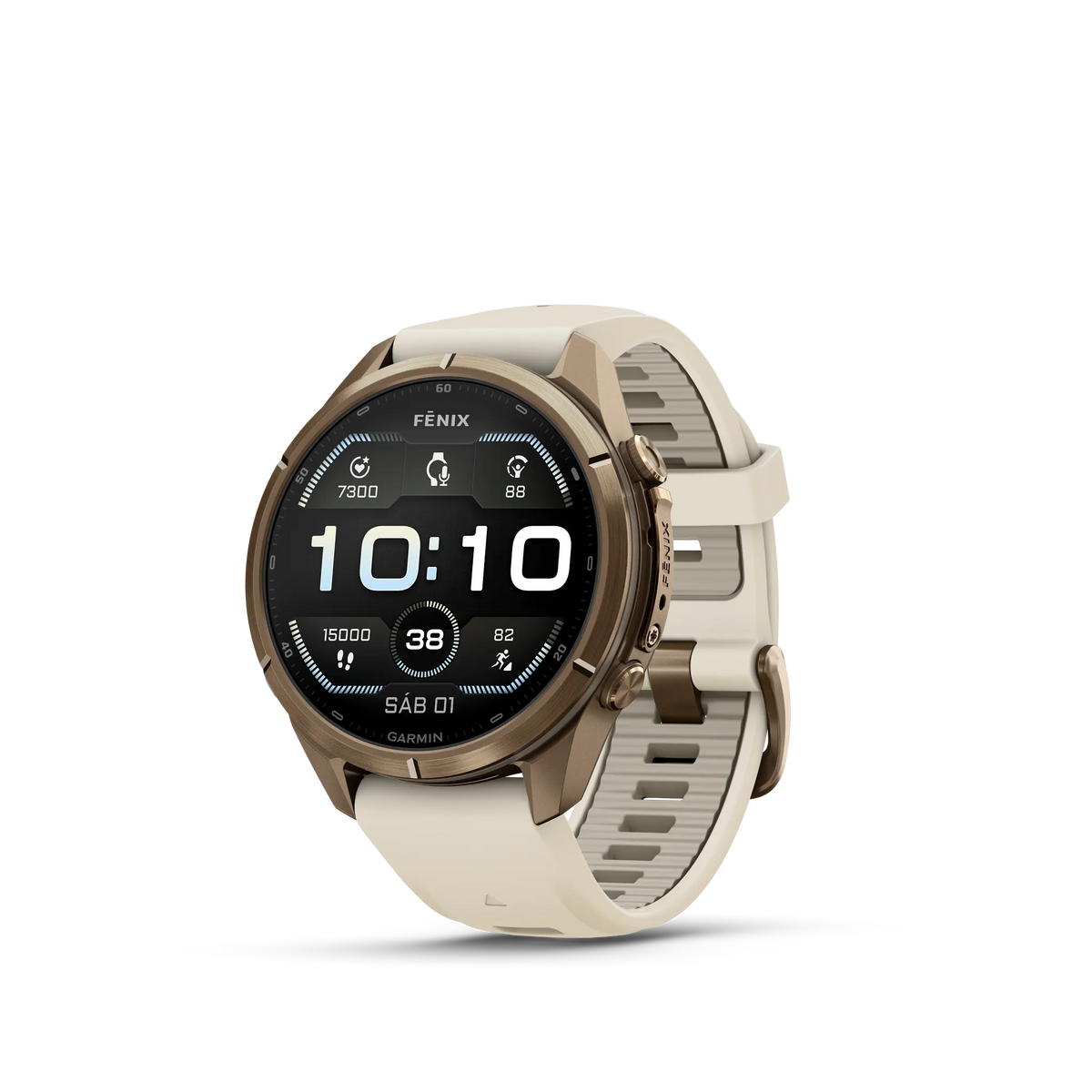 fēnix® 9 Pro – 43mm Titanio en oro otoñal con correa de silicona en crema/gris