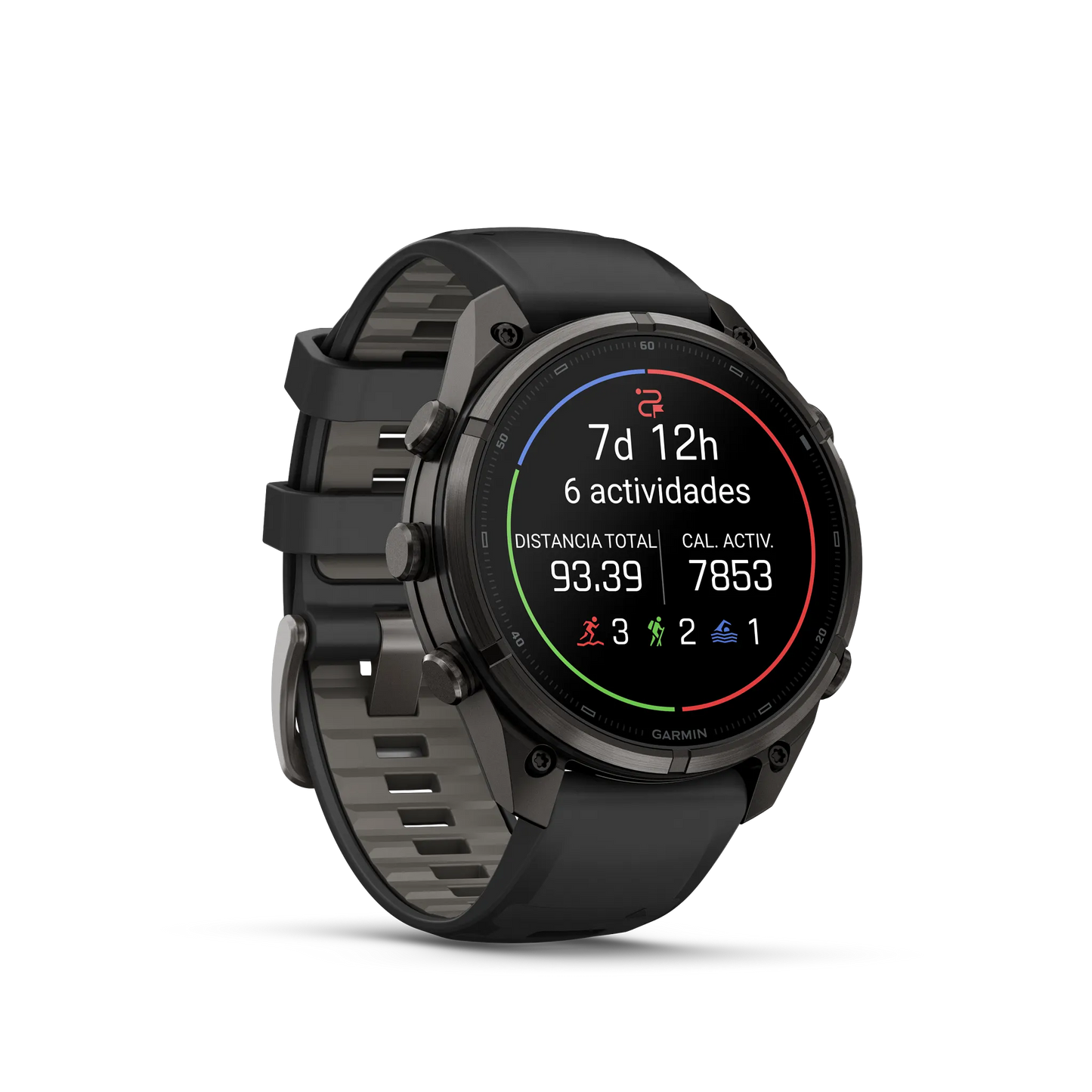 Fēnix® 9 Pro – inReach®, 47mm Titanio con revestimiento de DLC gris carbón con correa de silicona en negro/gris