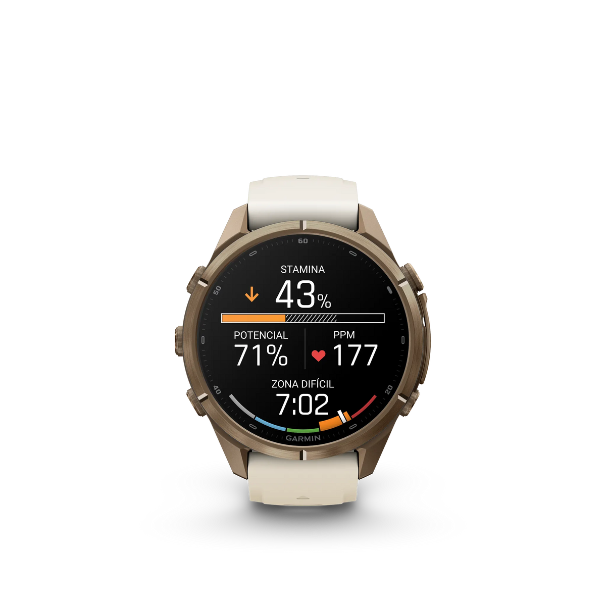 fēnix® 9 Pro – 43mm Titanio en oro otoñal con correa de silicona en crema/gris