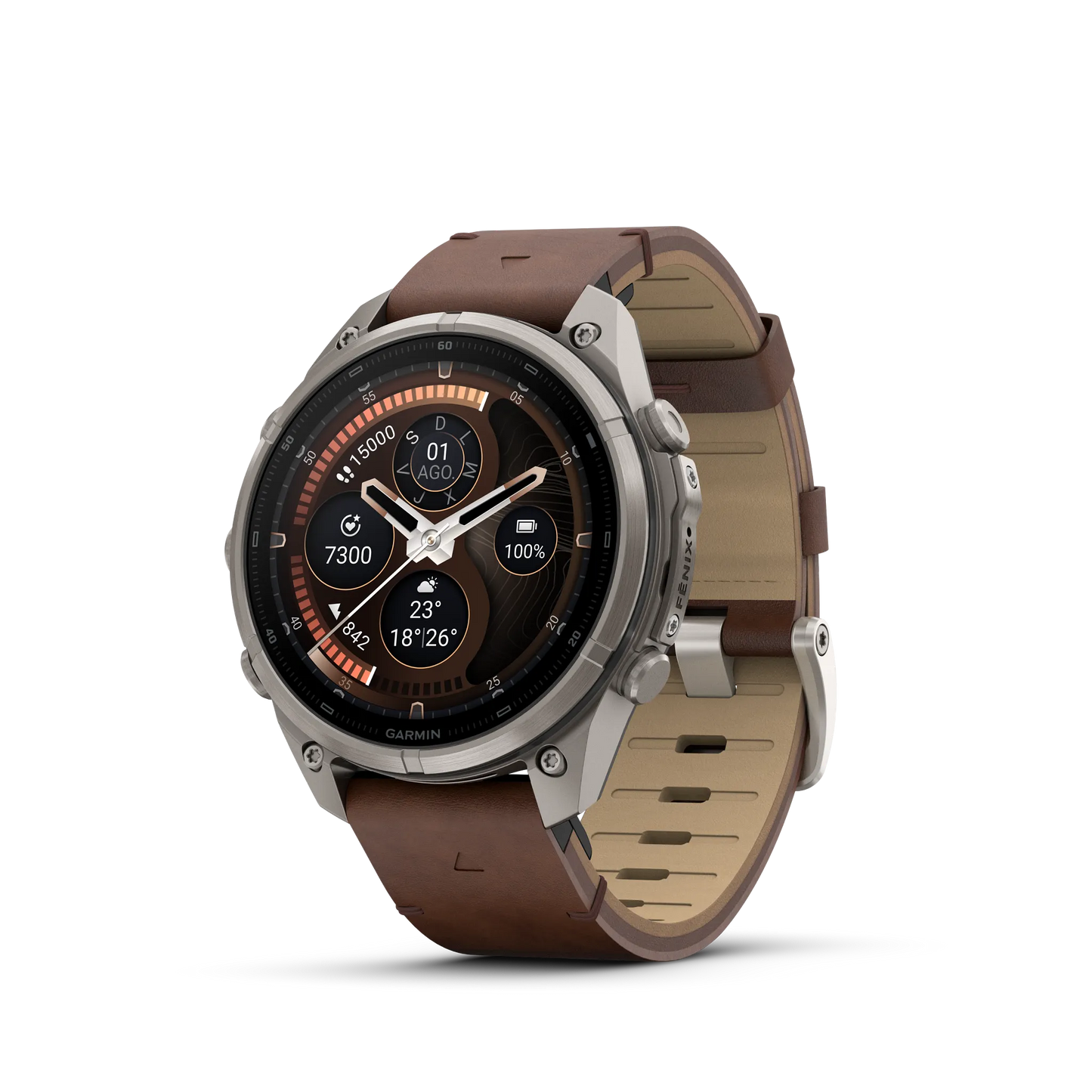 Fēnix® 9 Pro – inReach®, 47mm Titanio con correa de cuero en nogal.