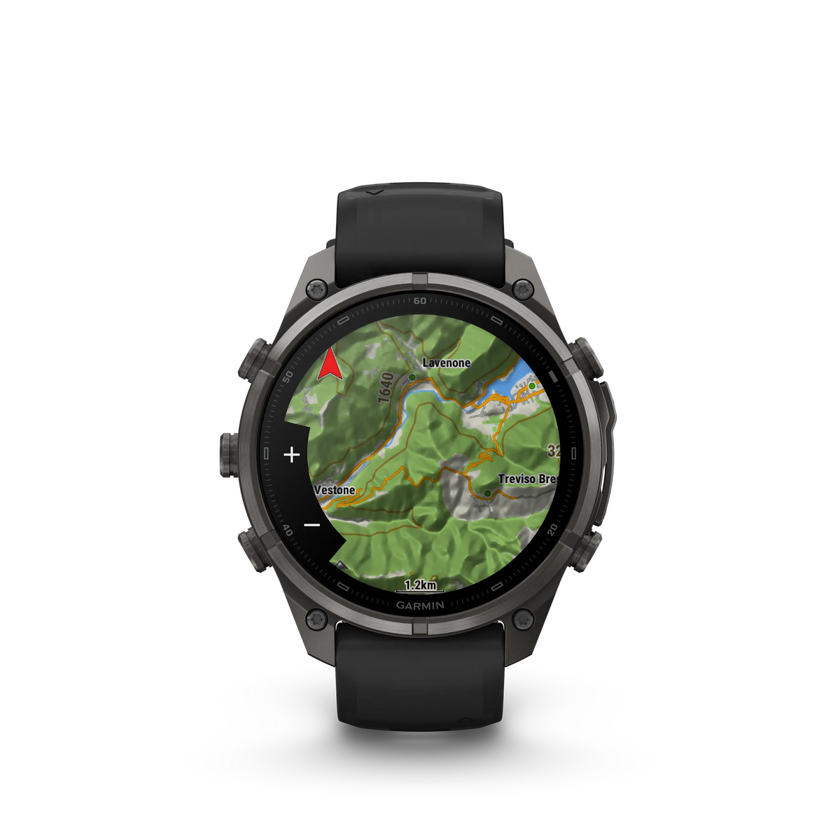 Fēnix® 9 Pro – inReach®, 47mm Titanio con revestimiento de DLC gris carbón con correa de silicona en negro/gris