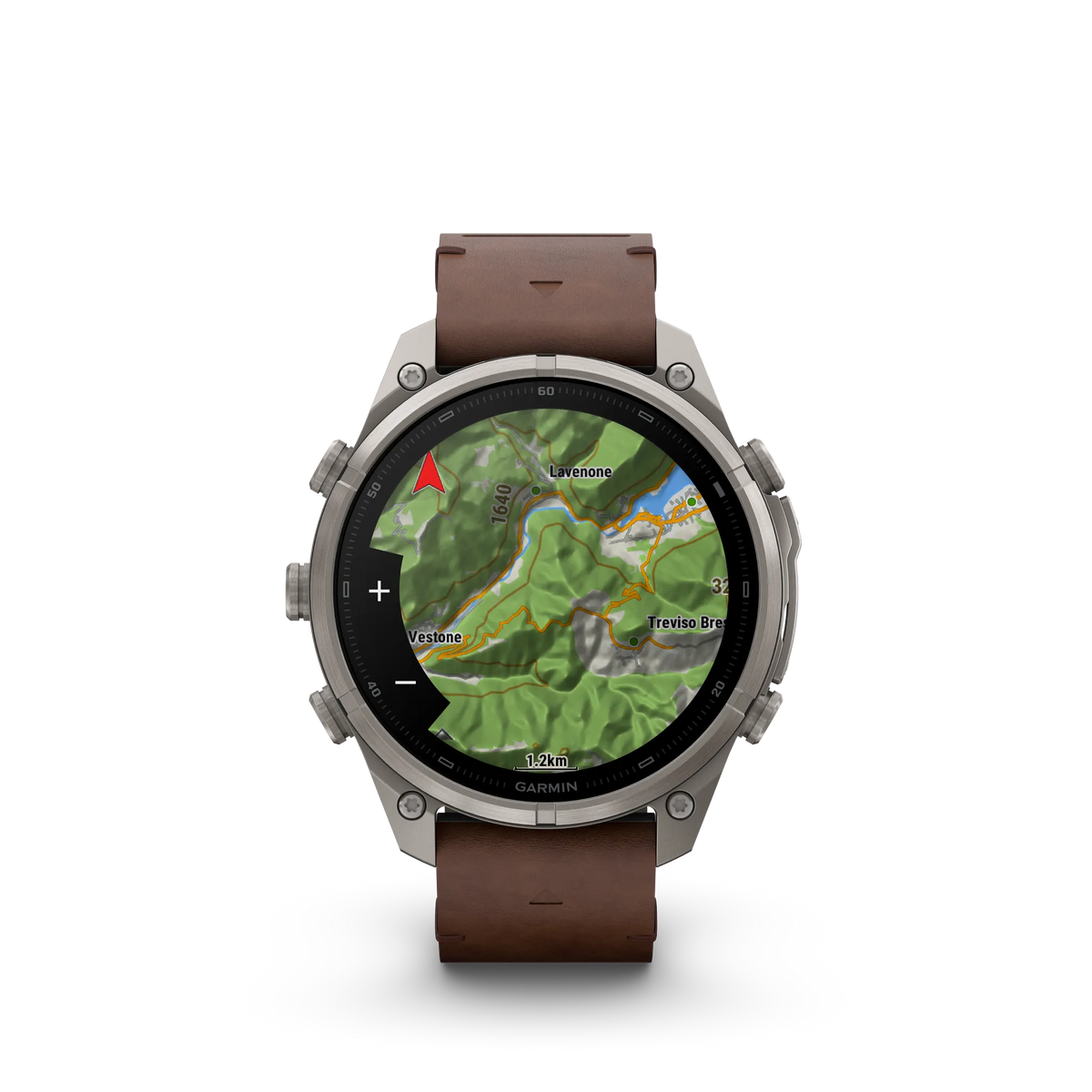 Fēnix® 9 Pro – inReach®, 47mm Titanio con correa de cuero en nogal.