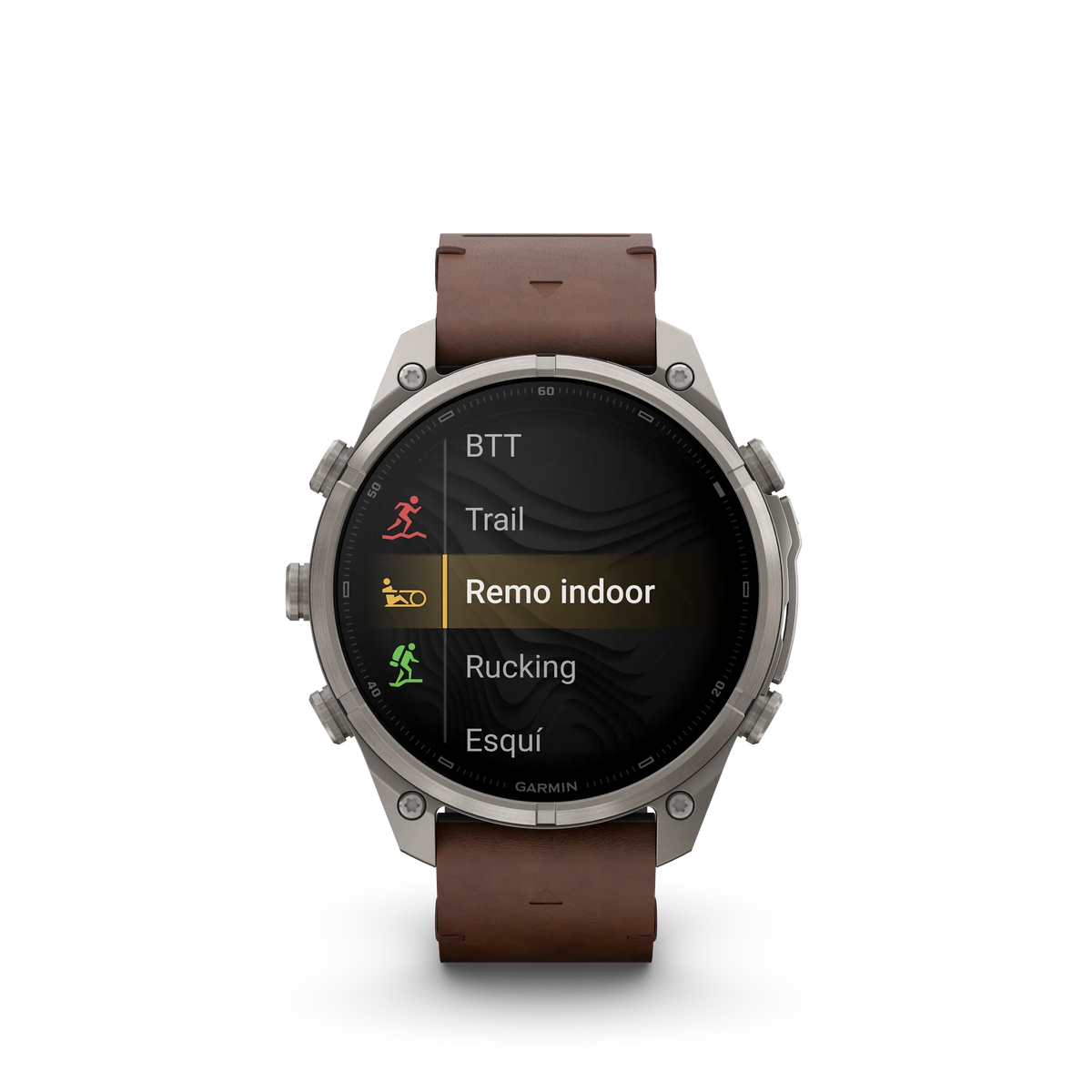 Fēnix® 9 Pro – inReach®, 47mm Titanio con correa de cuero en nogal.